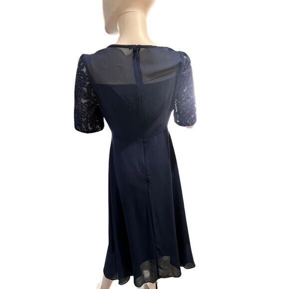 TS Conture Dress S Navy Blue Tea Length Embroidered Lace Bodice Chiffon Skirt - Picture 3 of 14